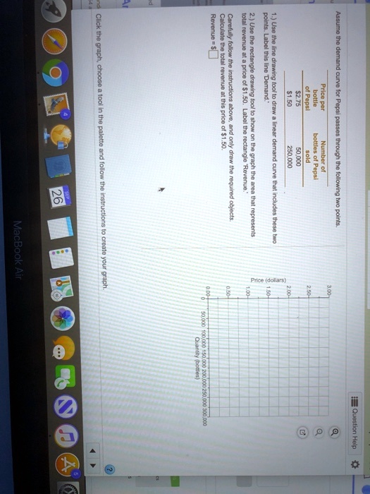 Assume the demand curve for Pepsi passes through the following two points.

Price per bottle of Pepsi: 2.75,1.50
Number of bottles of Pepsi sold: 50,000, 250,000

1.) Use the line drawing tool to draw a linear demand curve that includes these two points. Label this line 'Demand.'
2.) Use the rectangle drawing tool to show on the graph the area that represents total revenue at a price of 1.50. Label the rectangle 'Revenue.'

Carefully follow the instructions above, and only draw the required objects.
Calculate the total revenue at this price of1.50.
Revenue = 