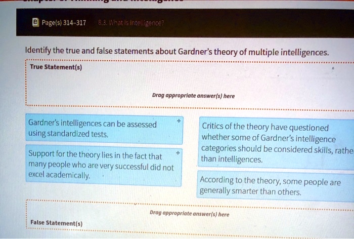 Identify the true and false statements about Gardner's theory of multiple intelligences.

True Statement(s)

Gardner's intelligences can be assessed using standardized tests.

Support for the theory lies in the fact that many people who are very successful did not excel academically.

Critics of the theory have questioned whether some of Gardner's intelligence categories should be considered skills, rather than intelligences.

According to the theory, some people are generally smarter than others.

False Statement(s)