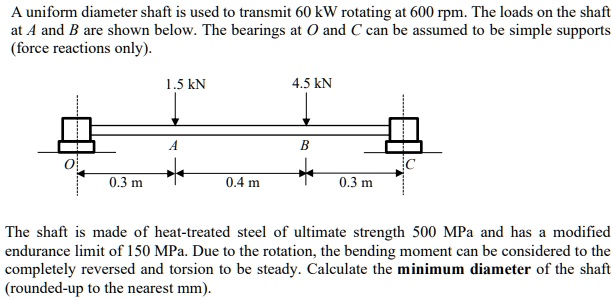 SOLVED: A uniform diameter shaft is used to transmit 60 kW rotating at ...