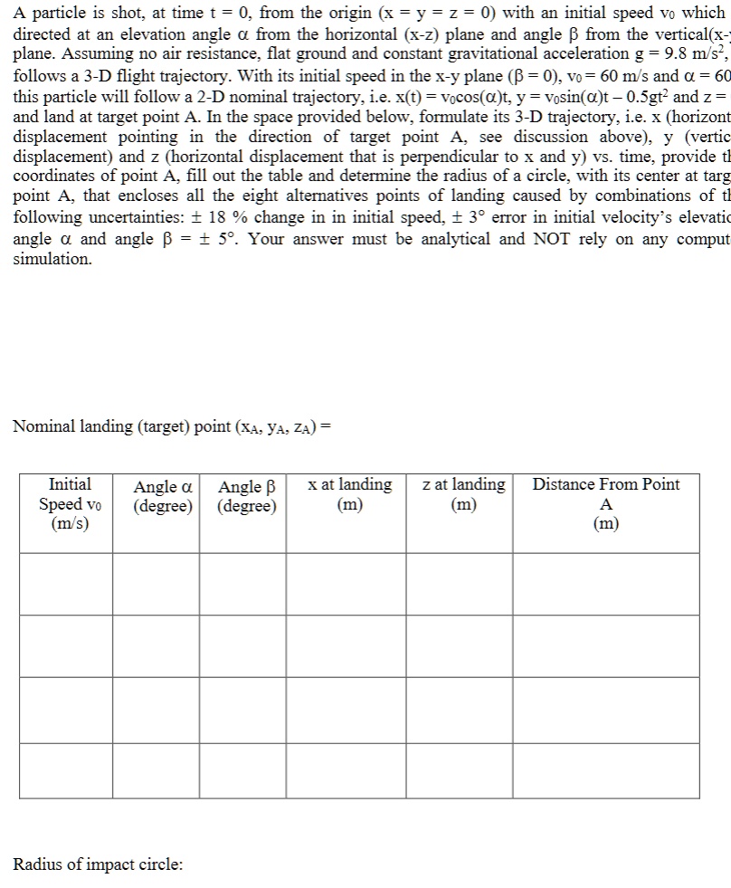 SOLVED: A particle is shot, at time t = 0, from the origin (x = y = z ...