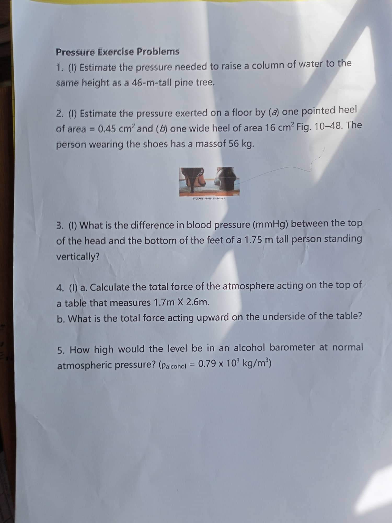 Pressure Exercise Problems
1. (I) Estimate the pressure needed to raise a column of water to the same height as a 46-m-tall pine tree.
2. (I) Estimate the pressure exerted on a floor by (a) one pointed heel of area =0.45  cm^2 and (b) one wide heel of area 16  cm^2 Fig. 10-48. The person wearing the shoes has a massof 56  kg.
3. (I) What is the difference in blood pressure (mmHg) between the top of the head and the bottom of the feet of a 1.75  m tall person standing vertically?
4. (I) a. Calculate the total force of the atmosphere acting on the top of a table that measures 1.7  m× 2.6  m.
b. What is the total force acting upward on the underside of the table?
5. How high would the level be in an alcohol barometer at normal atmospheric pressure? ( ρalcohol =0.79 × 10^3 kg / m^3 )