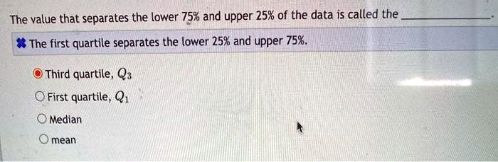 The value that separates the lower 75% and upper 25% of the data is called the 
The first quartile separates the lower 25% and upper 75%.
Third quartile, Q3
First quartile, Q1
Median
mean