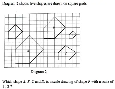 Diagram shows five shapes are drawn on square grids; Diagram 2 Which ...