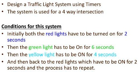 Design a Traffic Light System using Timers The system is used for a 4 ...