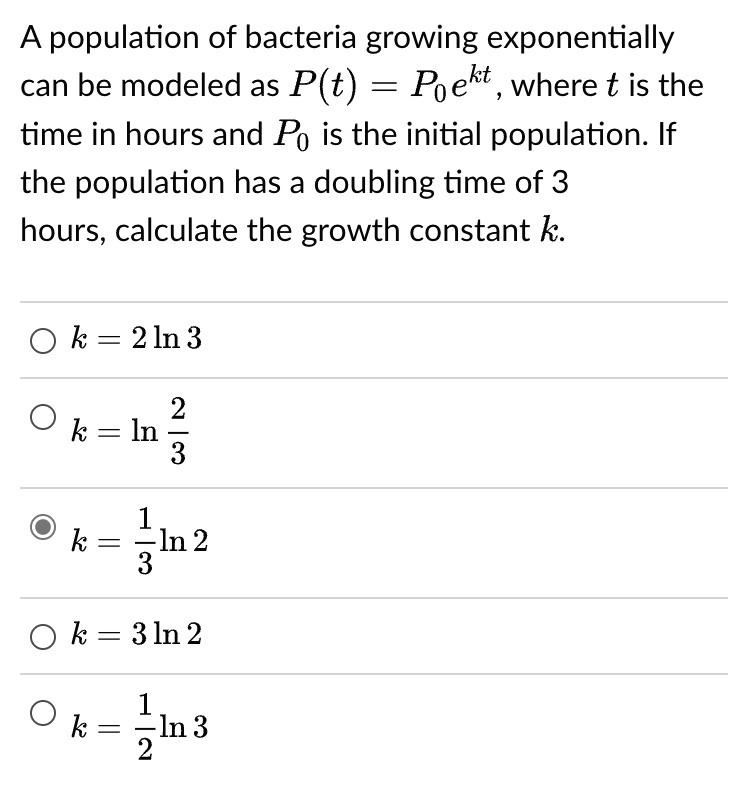 SOLVED: A population of bacteria growing exponentially can be modeled ...