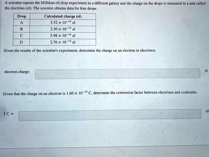 A scientist repeats the Millikan oil drop experiment in a different galaxy and the charge on the drops is measured in a unit called the electrino (el). The scientist obtains data for four drops.

Drop | Calculated charge (el)
A | 5.52 x 10^-14 el
B | 2.30 x 10^-14 el
C | 5.98 x 10^-14 el
D | 2.76 x 10^-14 el

Given the results of the scientist's experiment, determine the charge on an electron in electrinos.

electron charge: [ ] el

Given that the charge on an electron is 1.60 x 10^-19 C, determine the conversion factor between electrinos and coulombs.

1 C = [ ] el