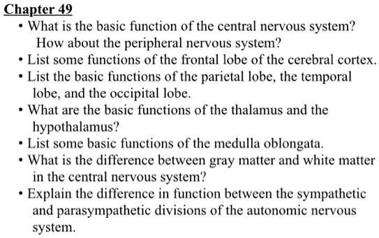 SOLVED: Chapter 49 What is the basic function of the central nervous ...