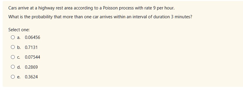 Cars arrive at a highway rest area according to a Poisson process with rate 9 per hour.
What is the probability that more than one car arrives within an interval of duration 3 minutes?
Select one:
a. 0.06456
b. 0.7131
c. 0.07544
d. 0.2869
e. 0.3624
