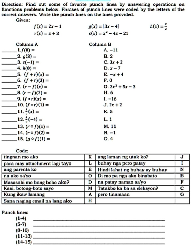 Solved Direction Find Out Some Of Avorite Punch Lines By Answcring Opcrations On Functions Problems Below Phrases Of Punch Lines Were Coded By The Letters Of The Correct Answers Write The Punch Lines