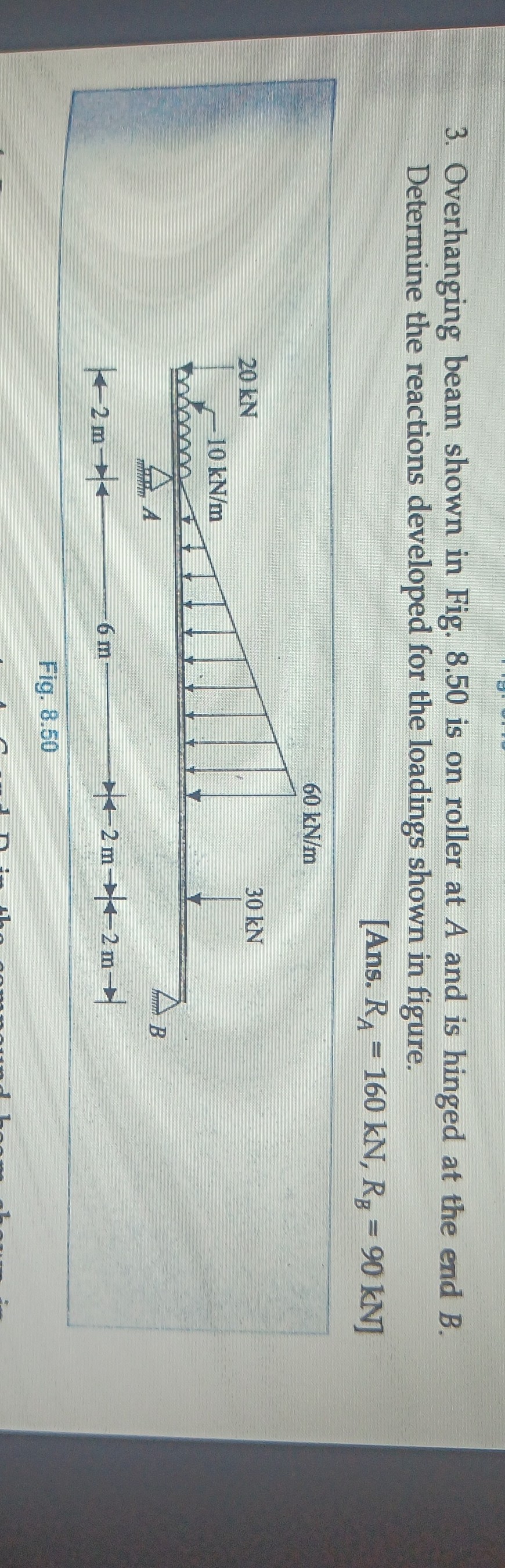 SOLVED 3. Overhanging beam shown in Fig. 8.50 is on roller at A and is