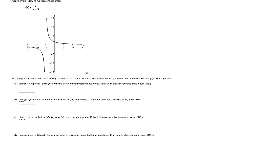 Consider the following function and its graph.
(9)/(x+5)
f(x) = 
Use the graph to determine the following, as well as you can. Check your conclusions by using the function to determine items (a)-(d) analytically.
(a) vertical asymptotes (Enter your answers as a comma-separated list of equations. If an answer does not exist, enter DNE.)
(b) limx → -∞ f(x) (If the limit is infinite, enter '∞' or '-∞', as appropriate. If the limit does not otherwise exist, enter DNE.)
(c) limx →∞ f(x) (If the limit is infinite, enter '∞' or '-∞', as appropriate. If the limit does not otherwise exist, enter DNE.)
(d) horizontal asymptotes (Enter your answers as a comma-separated list of equations. If an answer does not exist, enter DNE.)