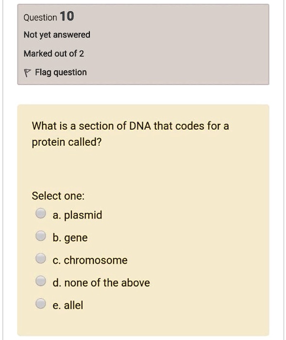 What is a section of DNA that codes for a protein called?

Select one:
a. plasmid
b. gene
c. chromosome
d. none of the above
e. allel