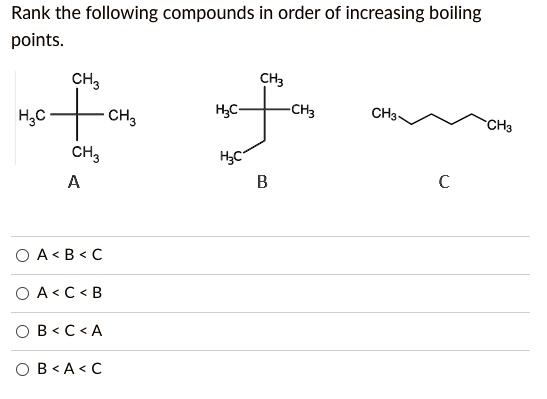 Solved Rank The Following Compounds In Order Of Increasing Boiling Points H3c Ch3 Ch3 Ch3 8863