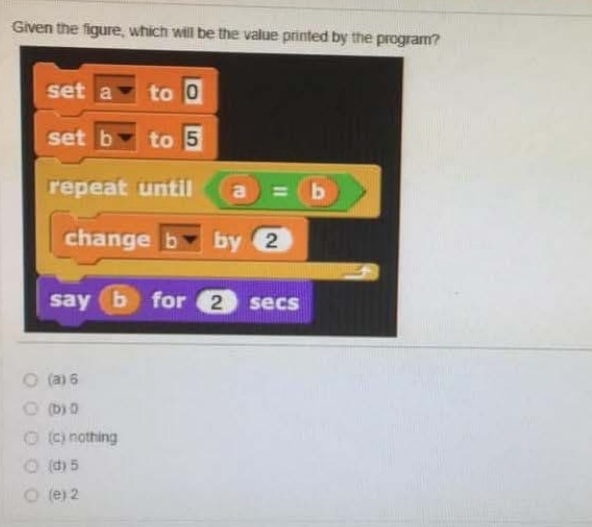 Given the figure, which will be the value printed by the program?
set a to 0
set b to 5
repeat until a = b
change b by 2
say b for 2 secs
(a) 6
(b) 0
(c) nothing
(d) 5
(e) 2
