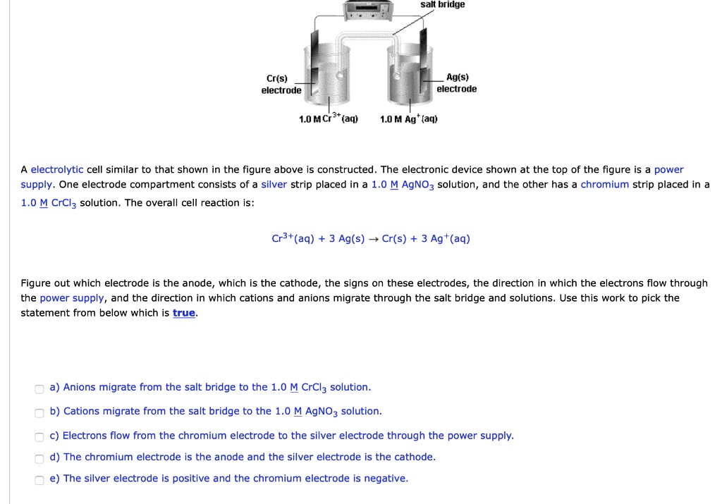 salt bridge
Cr(s) electrode
Ag(s) electrode
1.0 M Cr3+(aq)
1.0 M Ag+(aq)

A electrolytic cell similar to that shown in the figure above is constructed. The electronic device shown at the top of the figure is a power supply. One electrode compartment consists of a silver strip placed in a 1.0 M AgNO3 solution, and the other has a chromium strip placed in a 1.0 M CrCl3 solution. The overall cell reaction is:

Cr3+(aq) + 3 Ag(s) ? Cr(s) + 3 Ag+(aq)

Figure out which electrode is the anode, which is the cathode, the signs on these electrodes, the direction in which the electrons flow through the power supply, and the direction in which cations and anions migrate through the salt bridge and solutions. Use this work to pick the statement from below which is true.

a) Anions migrate from the salt bridge to the 1.0 M CrCl3 solution.
b) Cations migrate from the salt bridge to the 1.0 M AgNO3 solution.
c) Electrons flow from the chromium electrode to the silver electrode through the power supply.
d) The chromium electrode is the anode and the silver electrode is the cathode.
e) The silver electrode is positive and the chromium electrode is negative.
