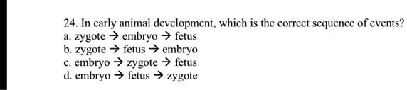 24. In early animal development, which is the correct sequence of events?
a. zygote ? embryo ? fetus
b. zygote ? fetus ? embryo
c. embryo ? zygote ? fetus
d. embryo ? fetus ? zygote