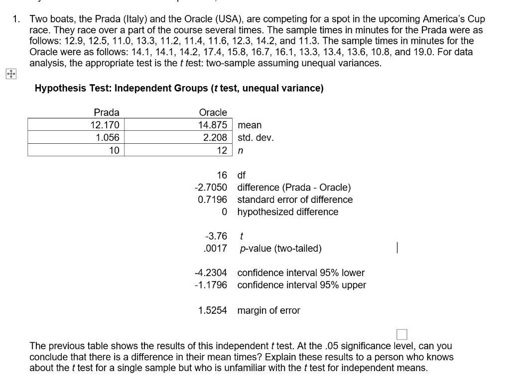 SOLVED: Two boats, the Prada (Italy) and the Oracle (USA), are competing  for a spot in the upcoming America's Cup race. They race over a part of the  course several times The