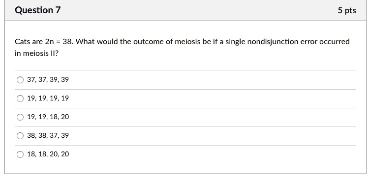 Cats are 2n = 38. What would the outcome of meiosis be if a single nondisjunction error occurred in meiosis II?
37, 37, 39, 39
19, 19, 19, 19
19, 19, 18, 20
38, 38, 37, 39
18, 18, 20, 20