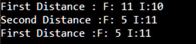 First Distance : F: 11 I:10
Second Distance :F: 5 I:11
First Distance :F: 5 I:11