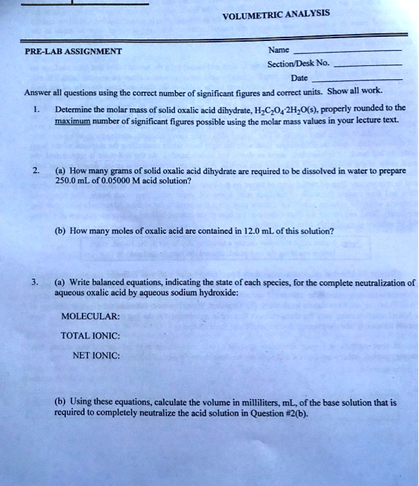 SOLVED VOLUMETRIC ANALYSIS PRELAB ASSIGNMENT Name Section Desk No