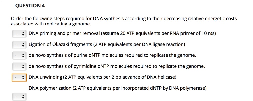 Order the following steps required for DNA synthesis according to their decreasing relative energetic costs associated with replicating a genome.
DNA priming and primer removal (assume 20 ATP equivalents per RNA primer of 10 nts)
Ligation of Okazaki fragments (2 ATP equivalents per DNA ligase reaction)
de novo synthesis of purine dNTP molecules required to replicate the genome.
de novo synthesis of pyrimidine dNTP molecules required to replicate the genome.
DNA unwinding (2 ATP equivalents per 2 bp advance of DNA helicase)
DNA polymerization (2 ATP equivalents per incorporated dNTP by DNA polymerase)
