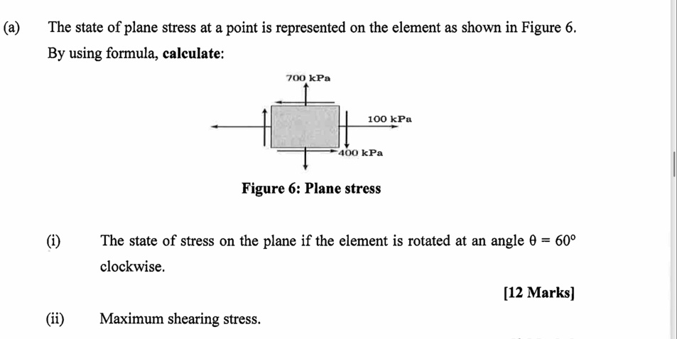 a the state of plane stress at a point is represented on the element as shown in figure 6 by using formula calculate i the state of stress on the plane if the element is rotated at an angle  75915