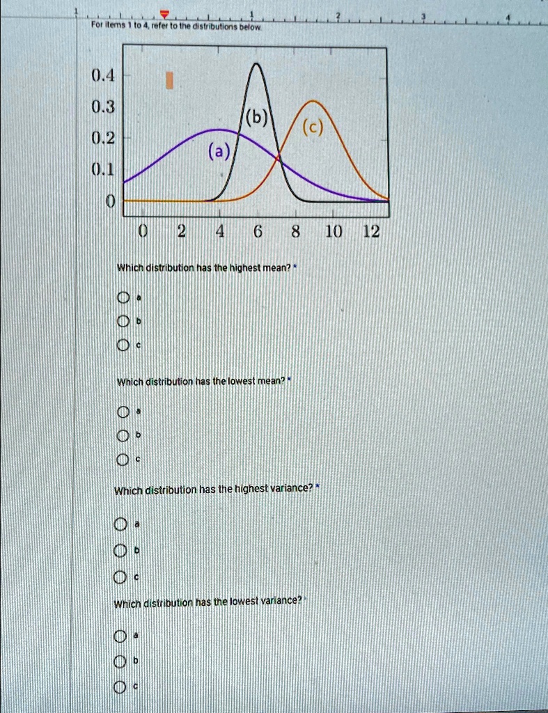 For items 1 to 4, refer to the distributions below.
0.4
0.3
(b)
(c)
0.2
(a)
0.1
0
0
2
4
6
8
10
12
Which distribution has the highest mean? *
Which distribution has the lowest mean? *
Which distribution has the highest variance?*
Which distribution has the lowest variance?