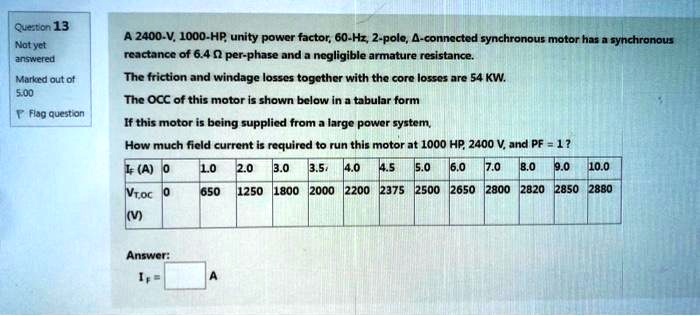 SOLVED: A 2400-V, 1000-HP unity power factor, 60-Hz, 2-pole, Y ...