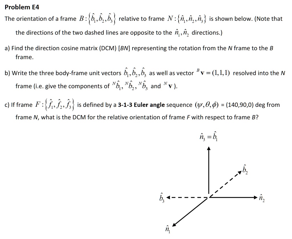 Problem E4
The orientation of a frame B: {b̂1,b̂2,b̂3} relative to frame N: {n̂1,n̂2,n̂3} is shown below. (Note that
the directions of the two dashed lines are opposite to the n̂1, n̂2 directions.)
a) Find the direction cosine matrix (DCM) [B/N] representing the rotation from the N frame to the B
frame.
b) Write the three body-frame unit vectors b̂1, b̂2, b̂3 as well as vector B̂v = (1,1,1) resolved into the N
frame (i.e. give the components of N̂b̂1, N̂b̂2, N̂b̂3 and N̂v).
c) If frame F: {f̂1,f̂2,f̂3} is defined by a 3-1-3 Euler angle sequence (ψ, θ, ϕ) = (140,90,0) deg from
frame N, what is the DCM for the relative orientation of frame F with respect to frame B?