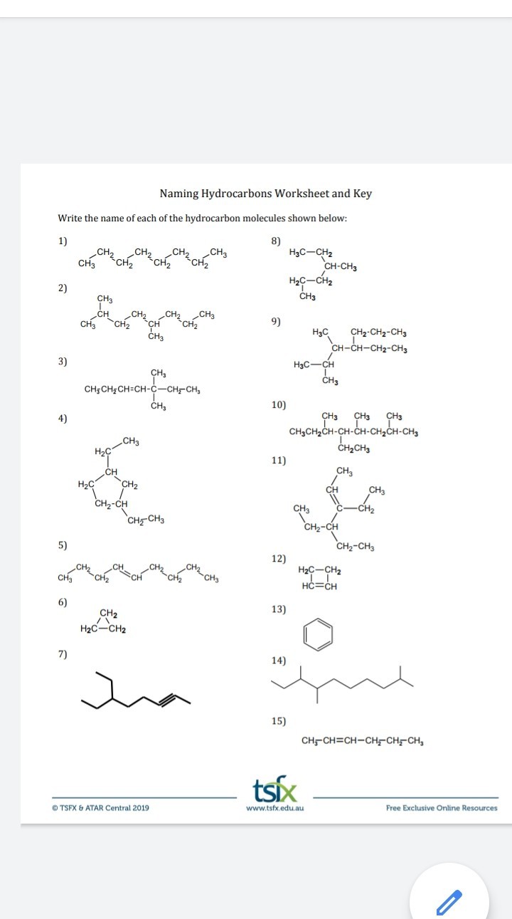 Naming Hydrocarbons Worksheet and Key Write the name of each of the ...