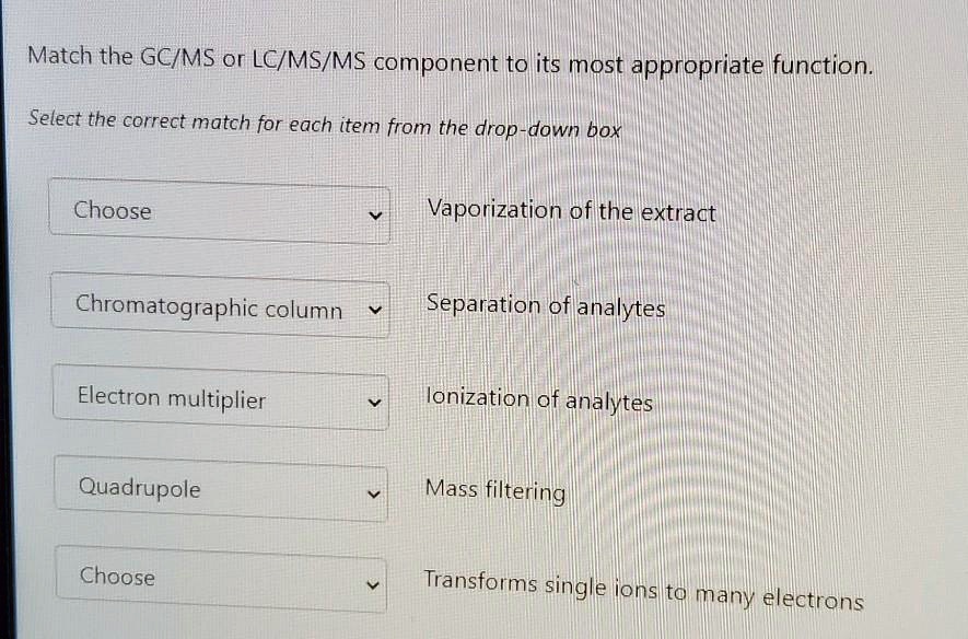Match the GC/MS or LC/MS/MS component to its most appropriate function ...