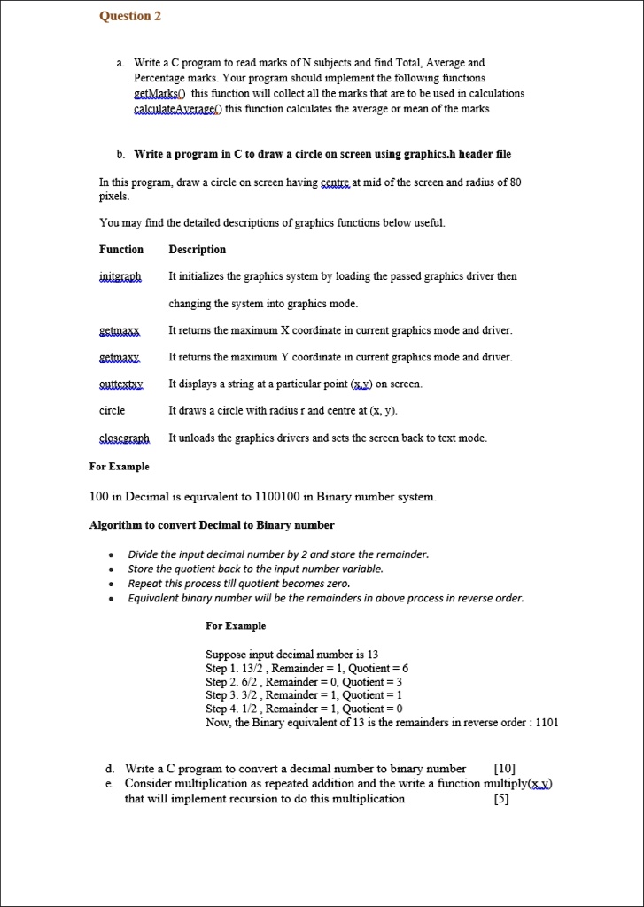 question 2 a write a c program to read marks of n subjects and find total average and percentage marks your program should implement the following functions getmarkso this function will coll 57643