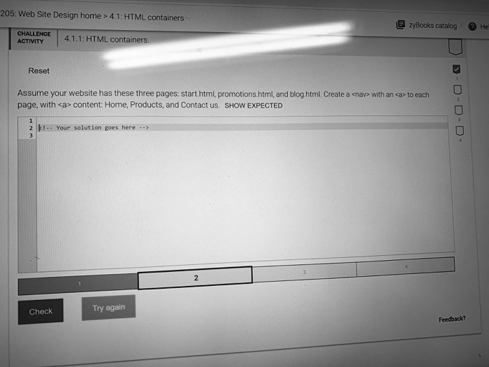 205: Web Site Design home > 4.1: HTML containers CHALLENGE ACTIVITY 4.1 ...