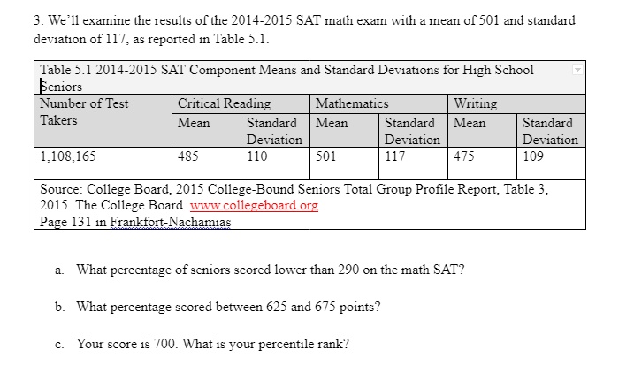 3. We'll examine the results of the 2014-2015 SAT math exam with a mean of 501 and standard deviation of 117, as reported in Table 5.1.
Table 5.1 2014-2015 SAT Component Means and Standard Deviations for High School Seniors
Number of Test Takers: 1,108,165
Critical Reading Mean: 485, Standard Deviation: 110
Mathematics Mean: 501, Standard Deviation: 117
Writing Mean: 475, Standard Deviation: 109
Source: College Board, 2015 College-Bound Seniors Total Group Profile Report, Table 3, 2015. The College Board. www.collegeboard.org
a. What percentage of seniors scored lower than 290 on the math SAT?
b. What percentage scored between 625 and 675 points?
c. Your score is 700. What is your percentile rank?