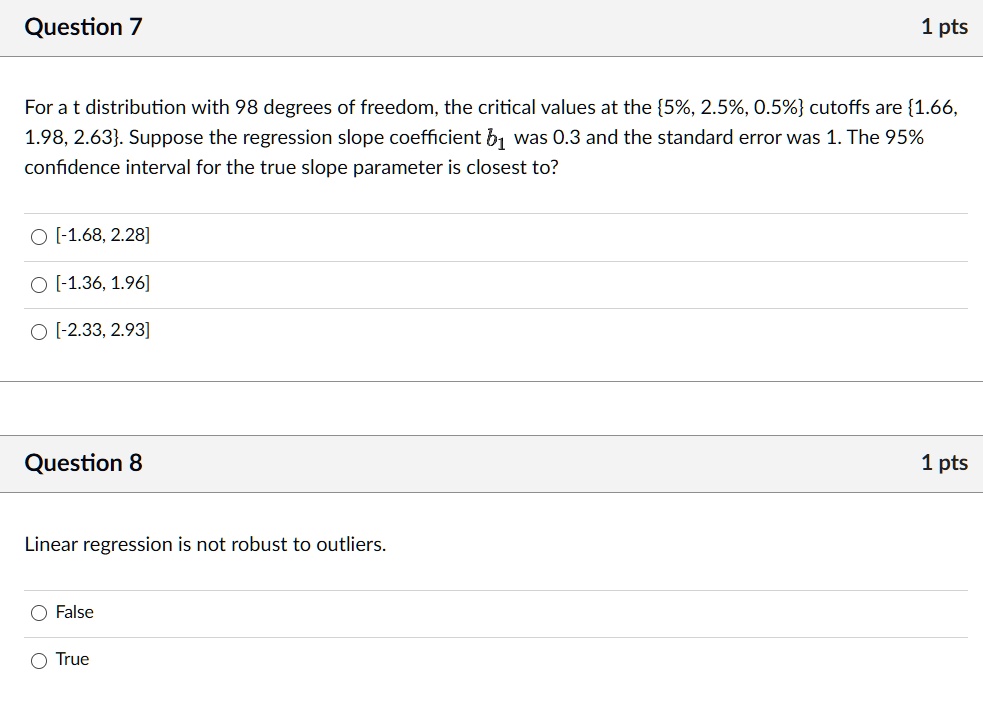 question 7 1 pts for a t distribution with 98 degrees of freedom the ...