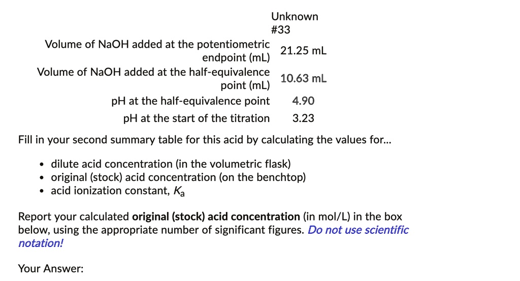 SOLVEDUnknown 33 Volume of NaOH added at the potentiometric 21.25 mL