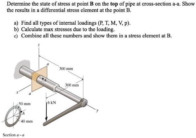 Determine the state of stress at point B on the top of pipe at cross-section a-a. Show the results in a differential stress element at the point B.
a) Find all types of internal loadings (P, T, M, V, p).
b) Calculate max stresses due to the loading.
c) Combine all these numbers and show them in a stress element at B.