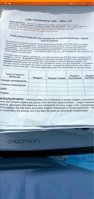 Life Chemistry Lab - Bio 111 Introduction: There are 4 categories of ...