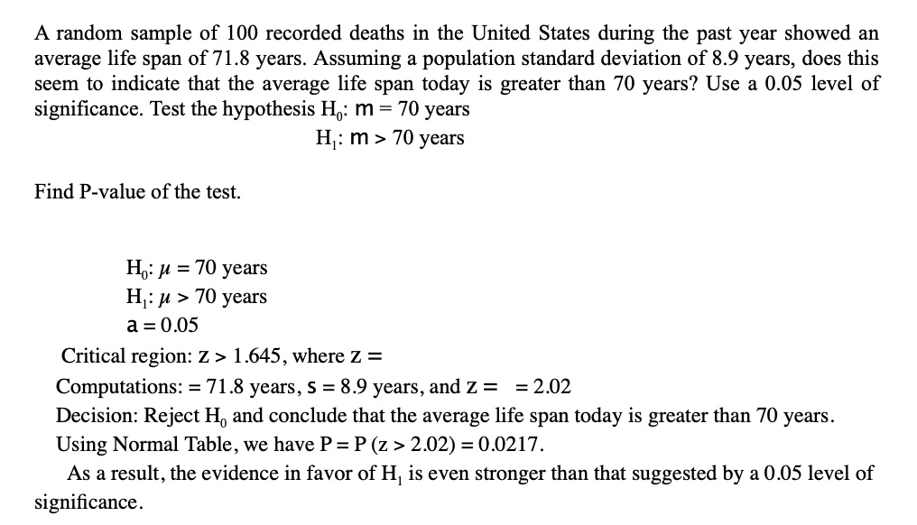 A random sample of 100 recorded deaths in the United States during the past year showed an average life span of 71.8 years. Assuming a population standard deviation of 8.9 years, does this seem to indicate that the average life span today is greater than 70 years? Use a 0.05 level of significance. Test the hypothesis H?: m = 70 years
H?: m > 70 years

Find P-value of the test.

H?: ? = 70 years
H?: ? > 70 years
a = 0.05
Critical region: z > 1.645, where z =
Computations: = 71.8 years, s = 8.9 years, and z = = 2.02
Decision: Reject H? and conclude that the average life span today is greater than 70 years.
Using Normal Table, we have P = P (z > 2.02) = 0.0217.
As a result, the evidence in favor of H? is even stronger than that suggested by a 0.05 level of significance.