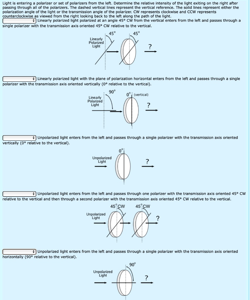 SOLVED: Light is entering polarizer or set of polarizers fram the left ...