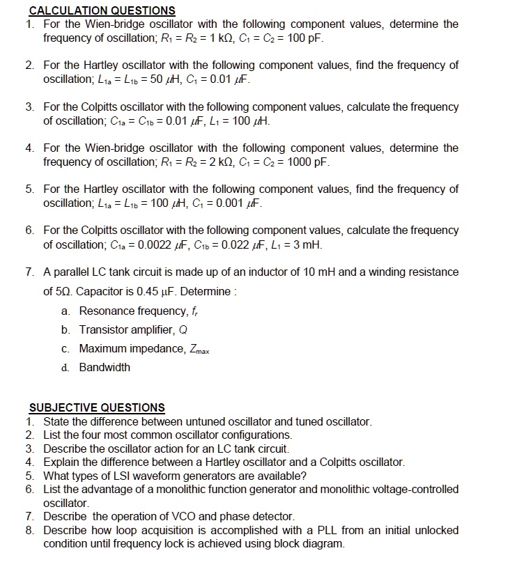 SOLVED CALCULATION QUESTIONS 1. For the Wienbridge oscillator with