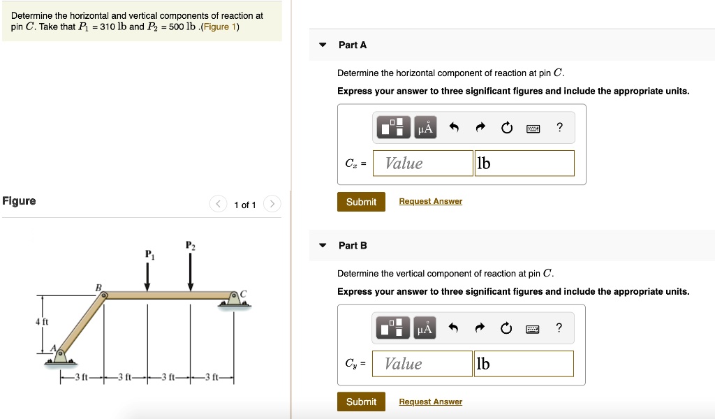 SOLVED: Determine the horizontal and vertical components of reaction at ...