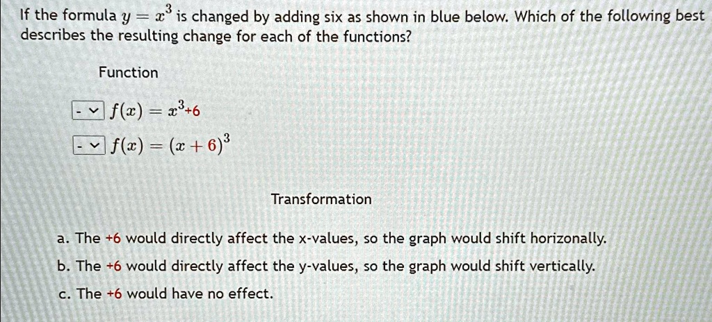 If the formula y = x^3 is changed by adding six as shown in blue below. Which of the following best describes the resulting change for each of the functions?

Function

f(x) = x^3 + 6

f(x) = (x + 6)^3

Transformation
a. The +6 would directly affect the x-values, so the graph would shift horizontally.
b. The +6 would directly affect the y-values, so the graph would shift vertically.
c. The +6 would have no effect.