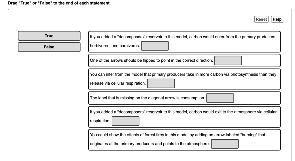 SOLVED Drag 'True False" to the end of each statement Reset Help True