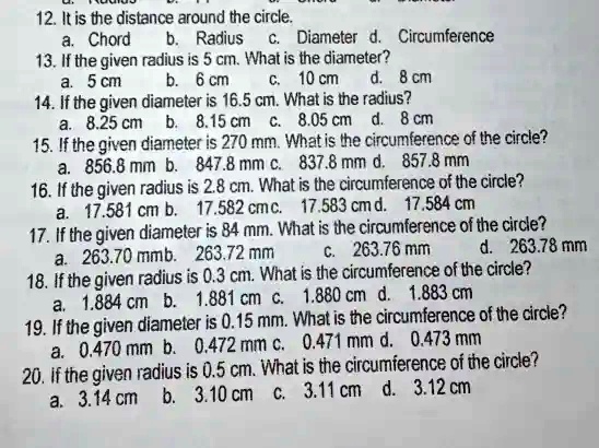 find the diameter of a circle with radius 5.5 cm