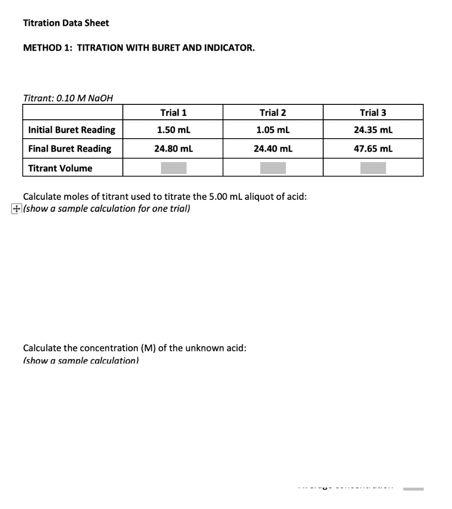 SOLVED Titration Data Sheet METHOD 1 TITRATION WITH BURET AND
