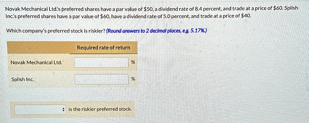 Novak Mechanical Ltd's preferred shares have a par value of 50, a dividend rate of 8.4 percent, and trade at a price of60. Splish
Inc's preferred shares have a par value of 60, have a dividend rate of 5.0 percent, and trade at a price of40.
Which company's preferred stock is riskier? (Round answers to 2 decimal places, e.g. 5.17%).
Required rate of return
Novak Mechanical Ltd.
Splish Inc.
is the riskier preferred stock.
%