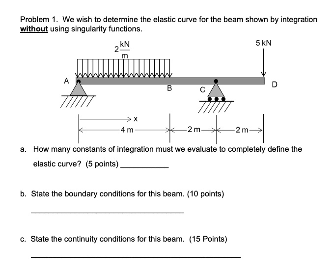Problem 1. We wish to determine the elastic curve for the beam shown by integration without using singularity functions.

2 kN/m

5 kN
A
B
C
D

4 m
2 m
2 m
a. How many constants of integration must we evaluate to completely define the elastic curve? (5 points)
b. State the boundary conditions for this beam. (10 points)
c. State the continuity conditions for this beam. (15 Points)