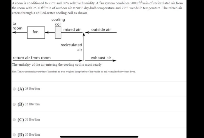A room is conditioned to 75°F and 50% relative humidity. A fan system combines 5000 ft³/min of recirculated air from the room with 2500 ft³/min of outdoor air at 90°F dry-bulb temperature and 75°F wet-bulb temperature. The mixed air enters through a chilled-water cooling coil as shown.
to
room
cooling
coil
mixed air
outside air
fan
recirculated
air
exhaust air
return air from room
The enthalpy of the air entering the cooling coil is most nearly
Hint: The psychrometric properties of the mixed air are a weighted interpolation of the outside air and recirculated air volume flows.
(A) 28 Btu/lbm
(B) 32 Btu/lbm
(C) 35 Btu/lbm
(D) 39 Btu/lbm