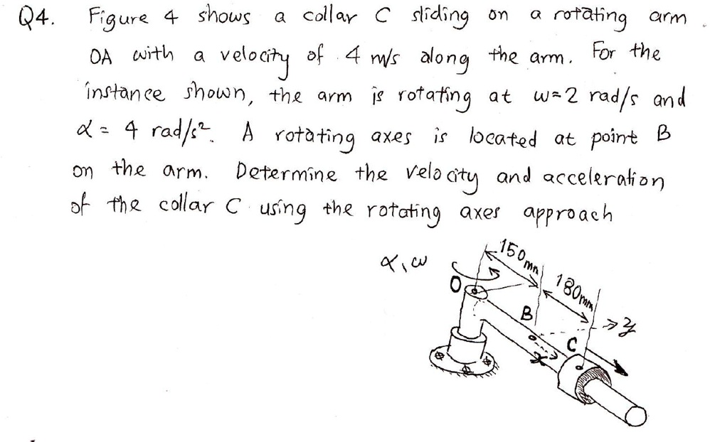 Q4. Figure 4 shows a collar C sliding on a rotating arm OA with a ...